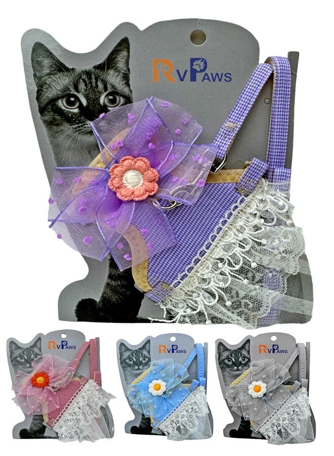 Pups&Pets طقم سرج أنيق للقطط من Pups&Pets مزين بالدانتيل والزهور، فستان قابل للتعديل للحيوانات الأليفة مع فيونكة، سرج مبطن بشبكة للقطط الصغيرة والجراء، حزام للقطط، مقود نايلون 10 مم - عبوة من قطعة واحدة - Image 1